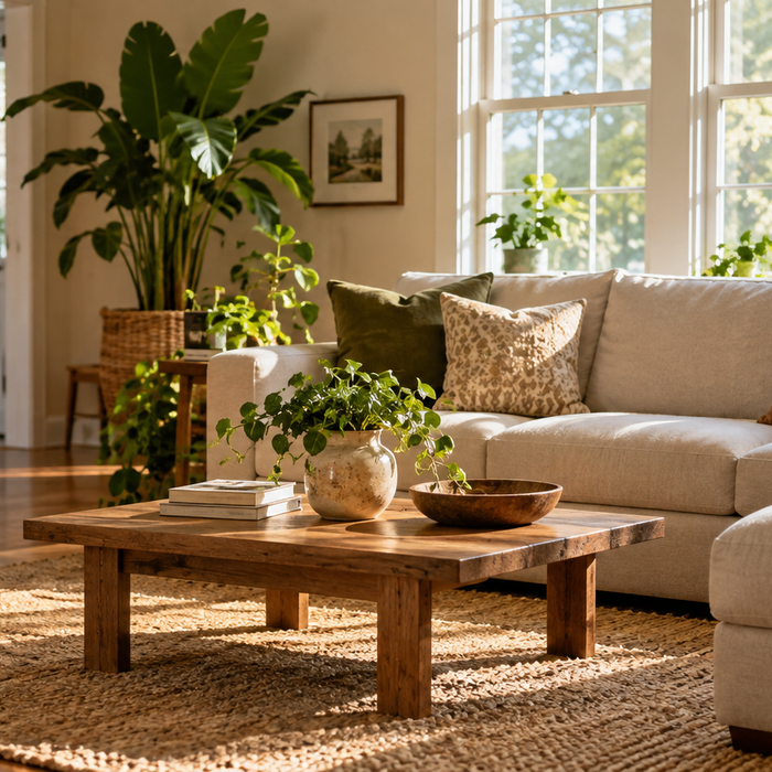 Sunlit living room with closed windows and comfortable furnishings