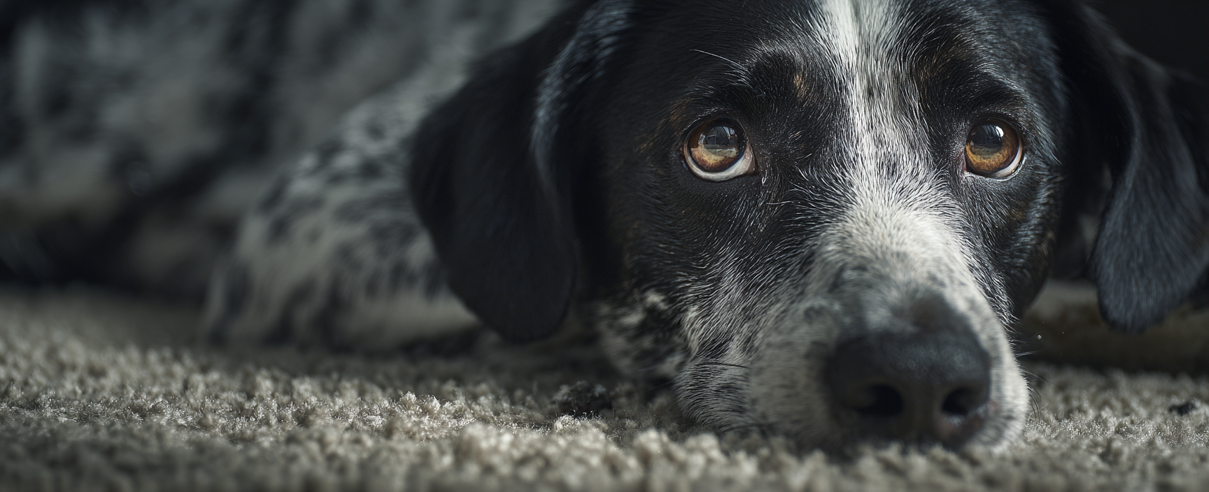 A dog that looks ashamed for peeing on the carpet