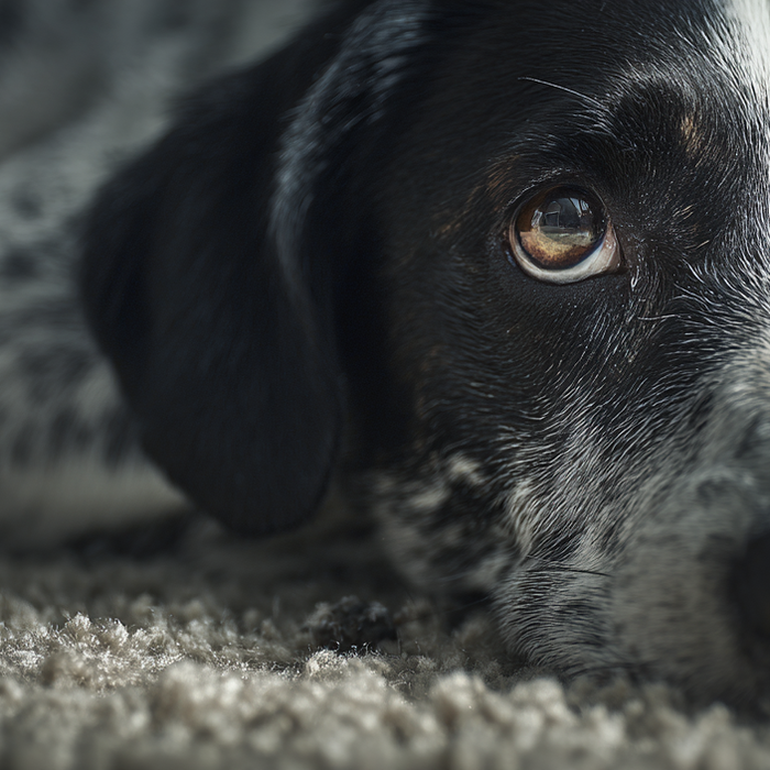 A dog that looks ashamed for peeing on the carpet