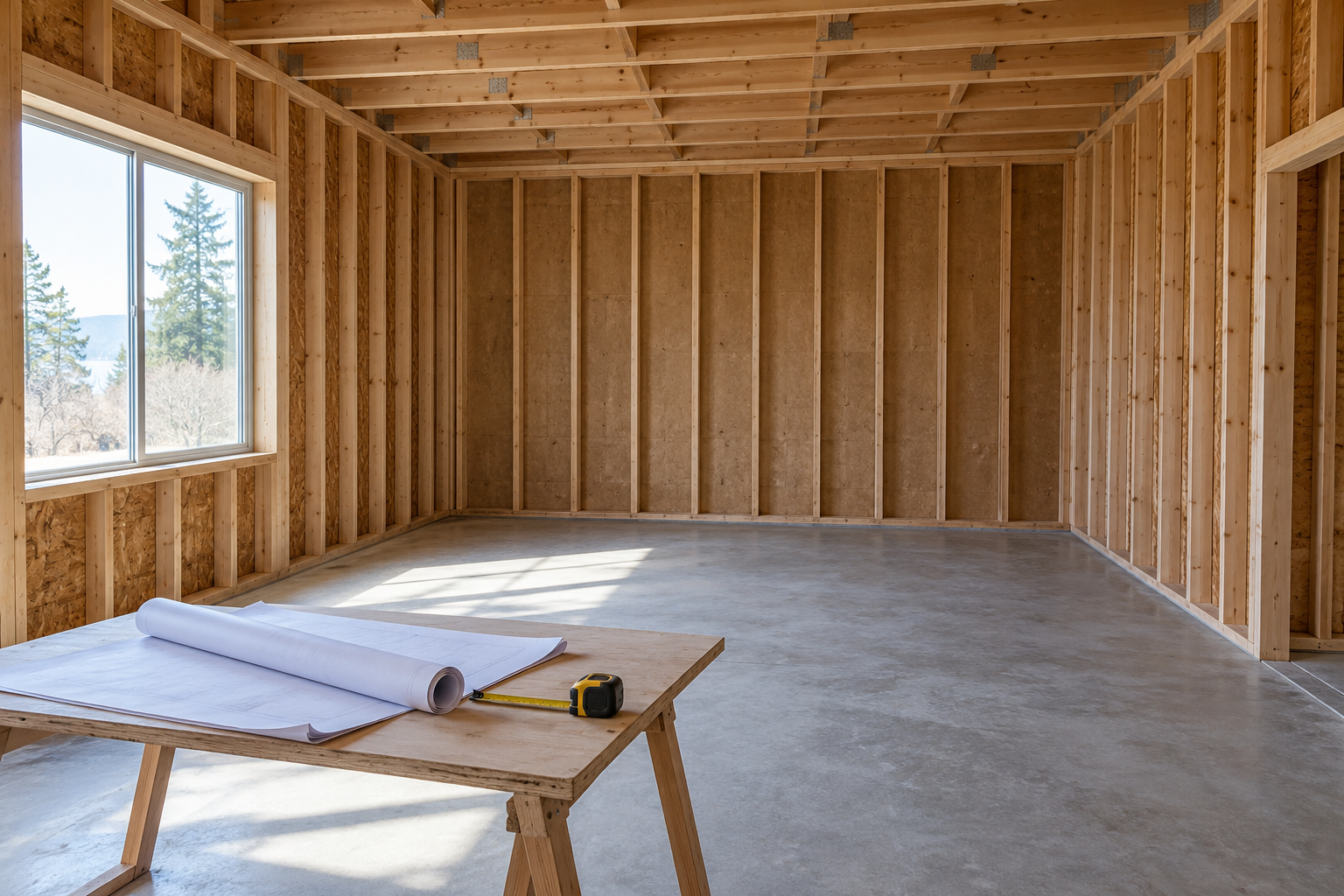 Ordinary unfinished room with blank building plans and a tape measure during a preliminary site survey.