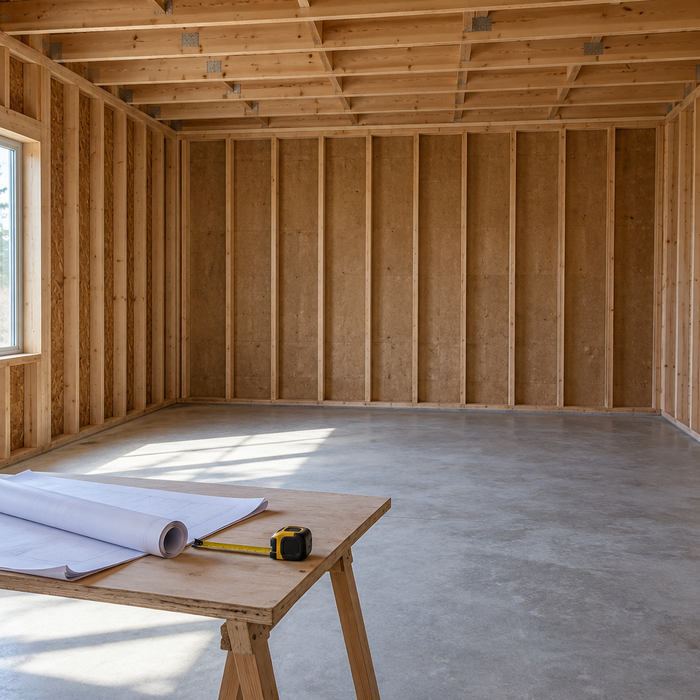 Ordinary unfinished room with blank building plans and a tape measure during a preliminary site survey.