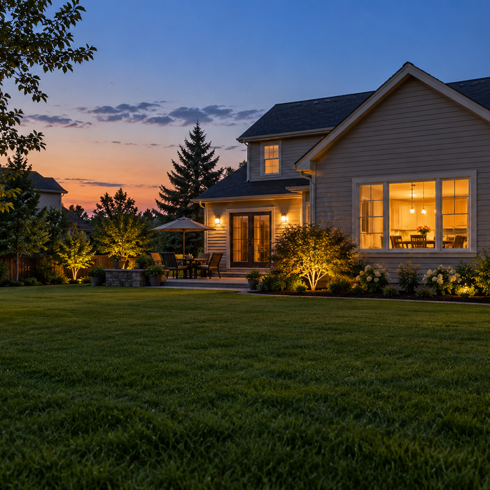 House and open backyard at dusk, illustrating site planning for home backup power without depicting equipment.