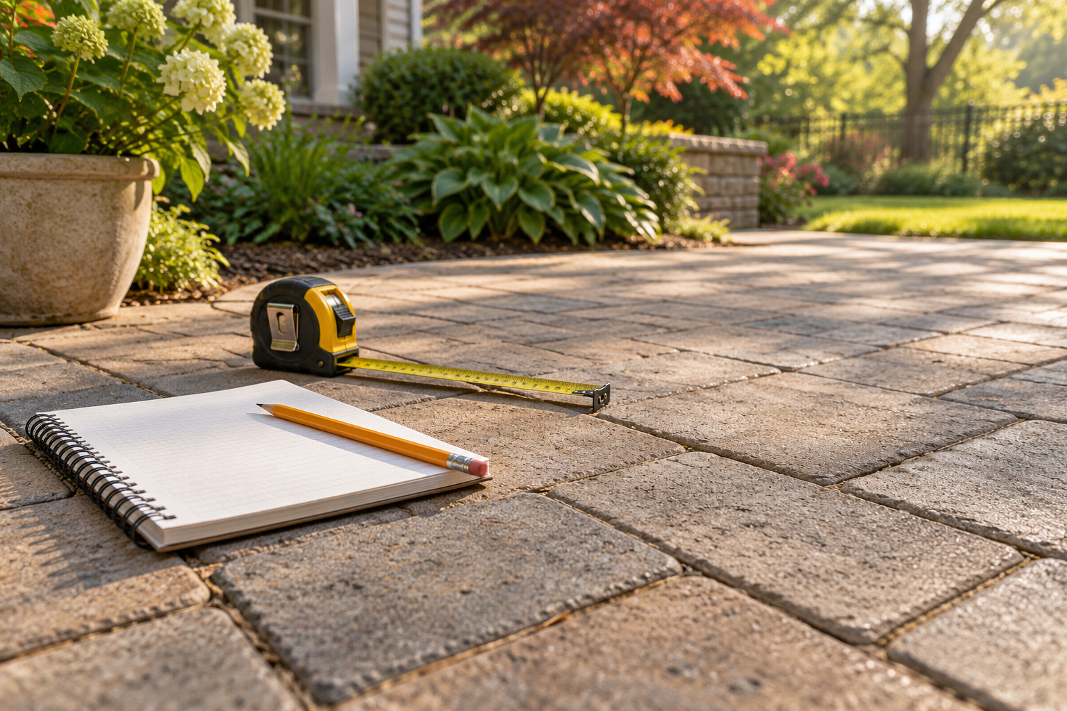 Measuring tape and blank notebook on a backyard paved patio before project planning.