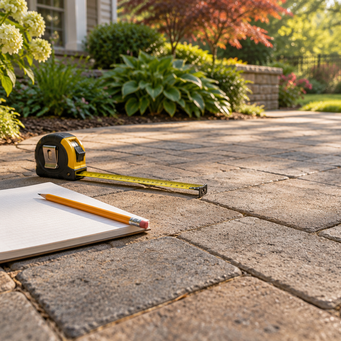 Measuring tape and blank notebook on a backyard paved patio before project planning.