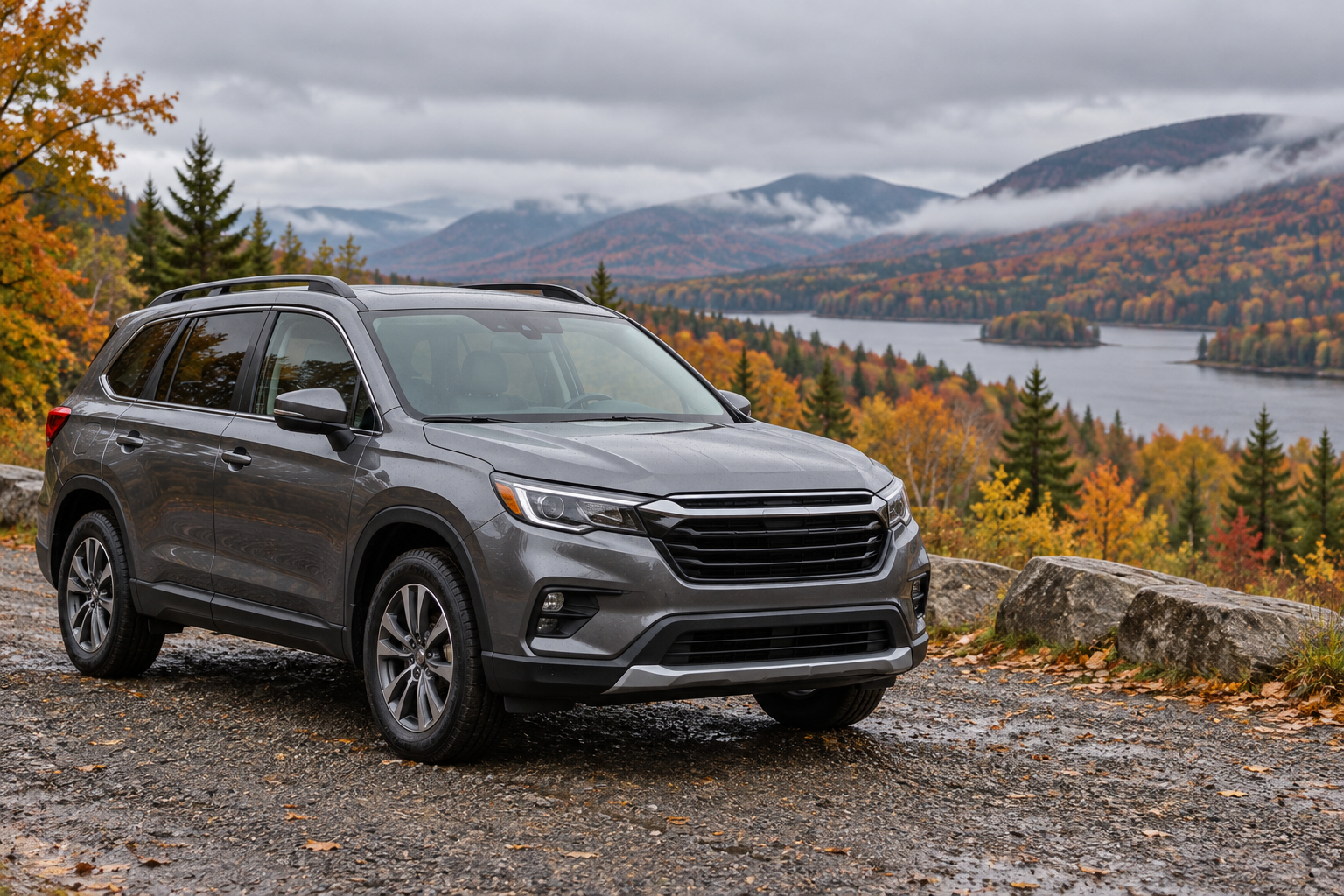 An unbranded SUV parked beside an autumn country road, with no protection device or shielding effects shown.
