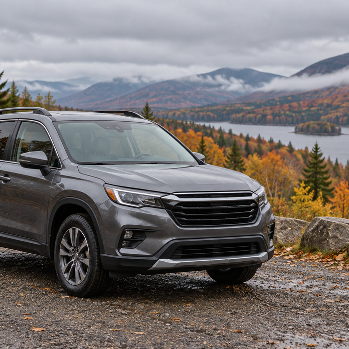 An unbranded SUV parked beside an autumn country road, with no protection device or shielding effects shown.