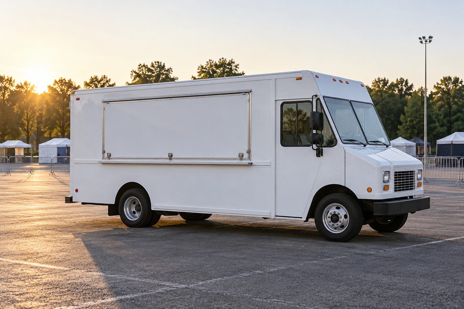 An unbranded food-service truck parked with its serving hatch closed and no cooking equipment visible.