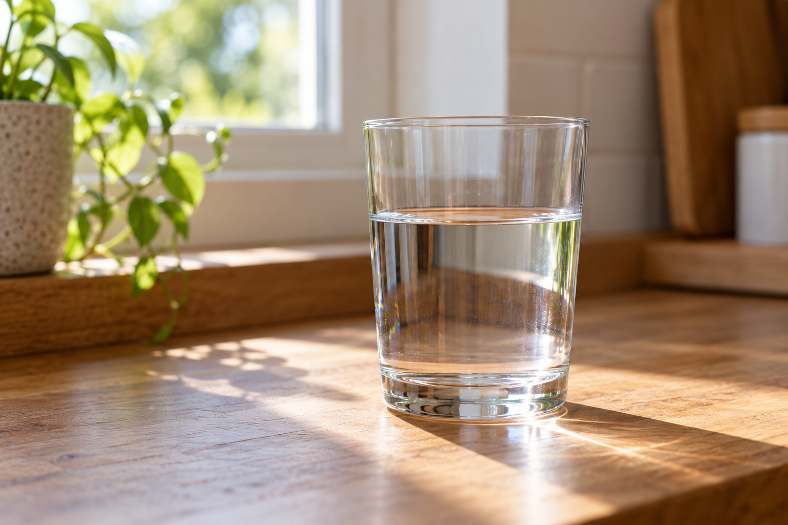 A plain glass of clear water on a sunlit wood counter, without implying laboratory-tested purity.