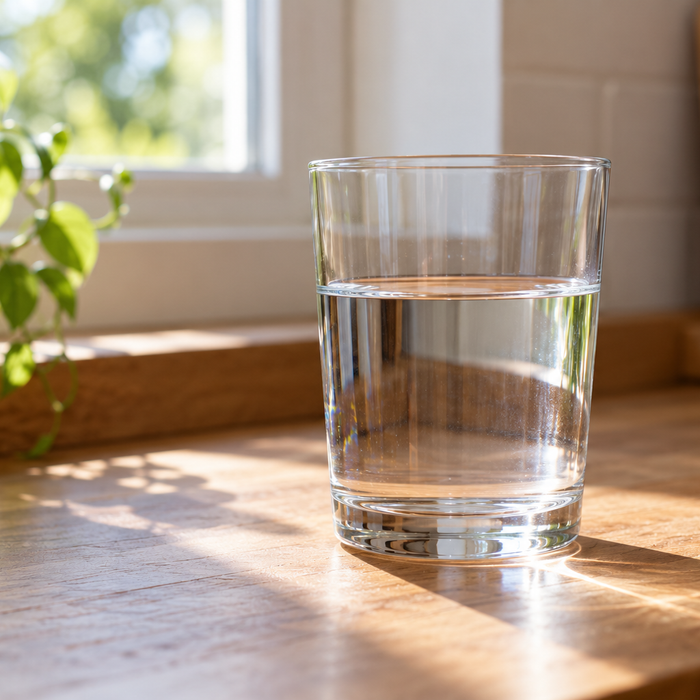 A plain glass of clear water on a sunlit wood counter, without implying laboratory-tested purity.