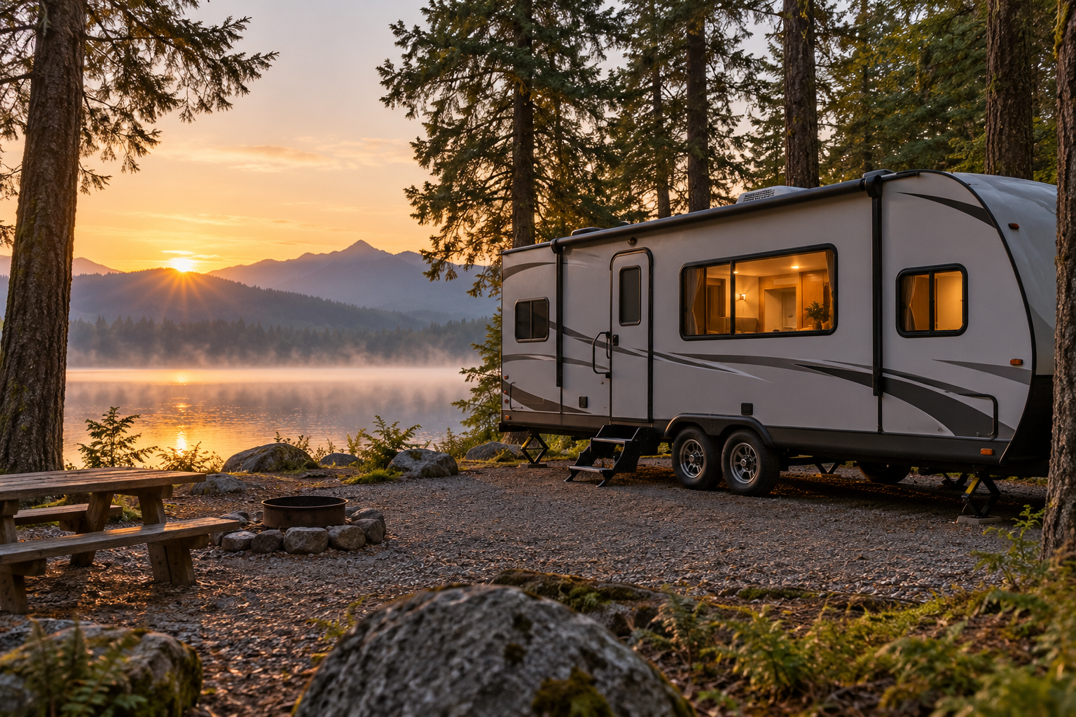 Travel trailer at a wooded lakeside campsite at dawn, with no battery or charging equipment depicted.