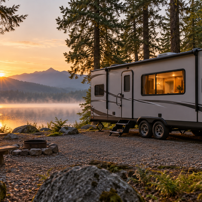 Travel trailer at a wooded lakeside campsite at dawn, with no battery or charging equipment depicted.