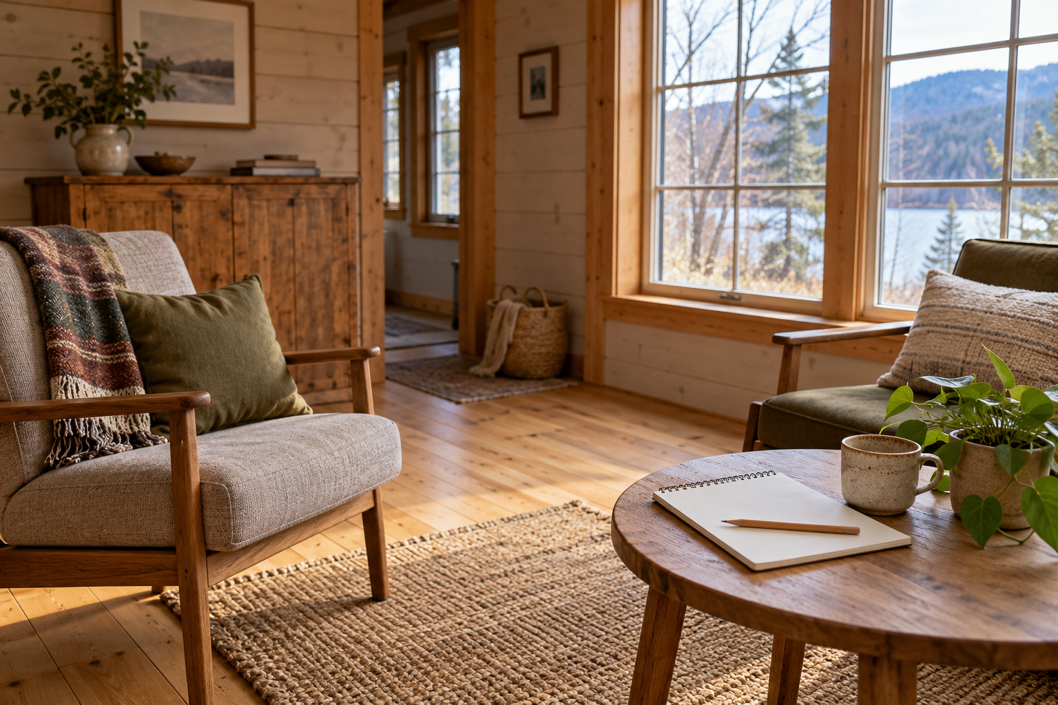 A small cabin sitting room with a blank notebook, illustrating heating planning without showing a stove.