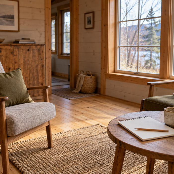 A small cabin sitting room with a blank notebook, illustrating heating planning without showing a stove.