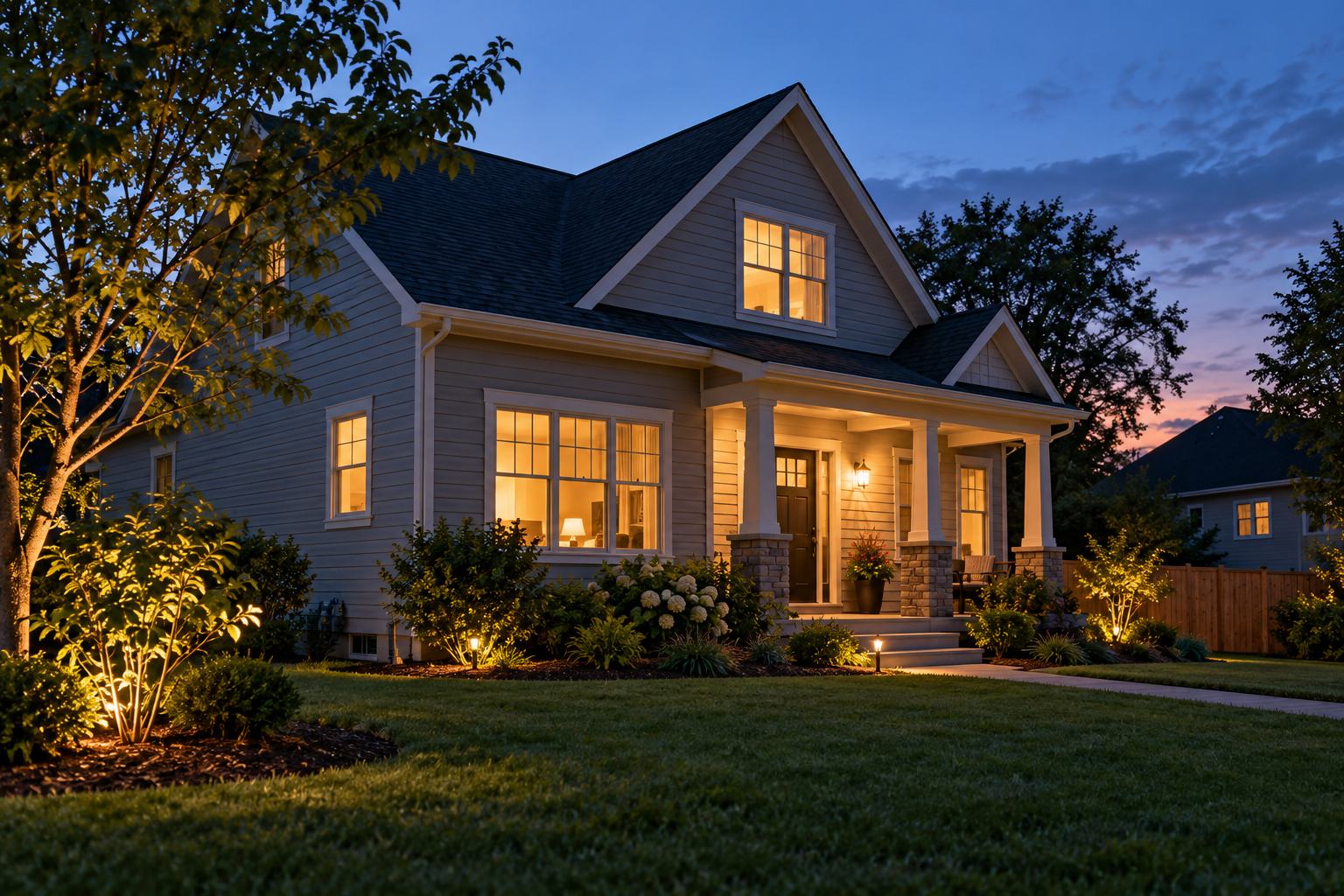 A house at dusk with a few essential rooms illuminated, illustrating backup-load planning without depicting a generator.
