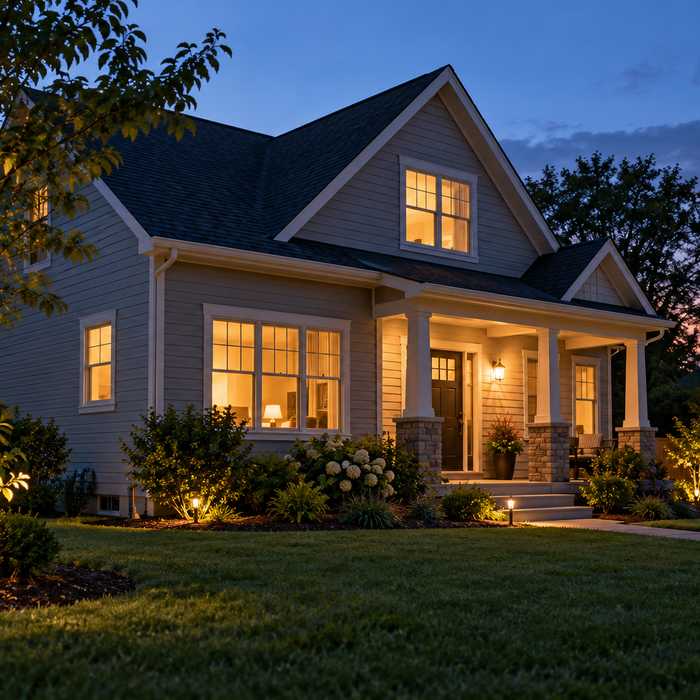 A house at dusk with a few essential rooms illuminated, illustrating backup-load planning without depicting a generator.