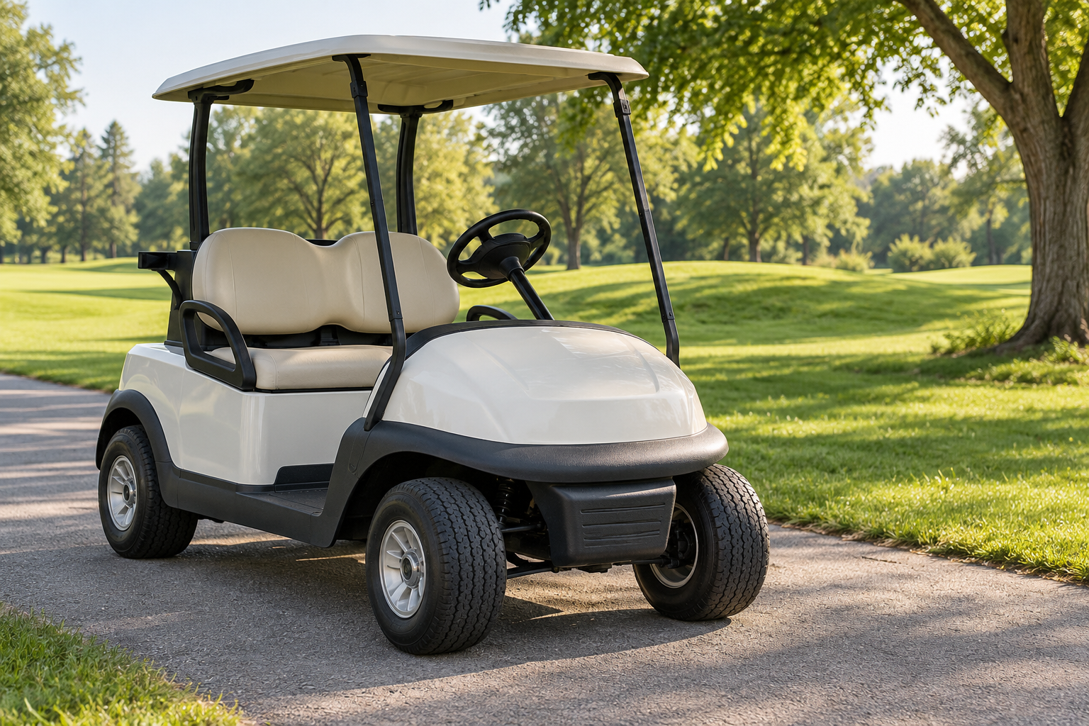 An unbranded golf cart parked on a quiet paved path, with its battery compartment closed and no replacement battery depicted.