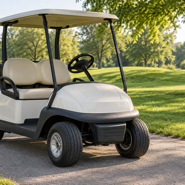 An unbranded golf cart parked on a quiet paved path, with its battery compartment closed and no replacement battery depicted.