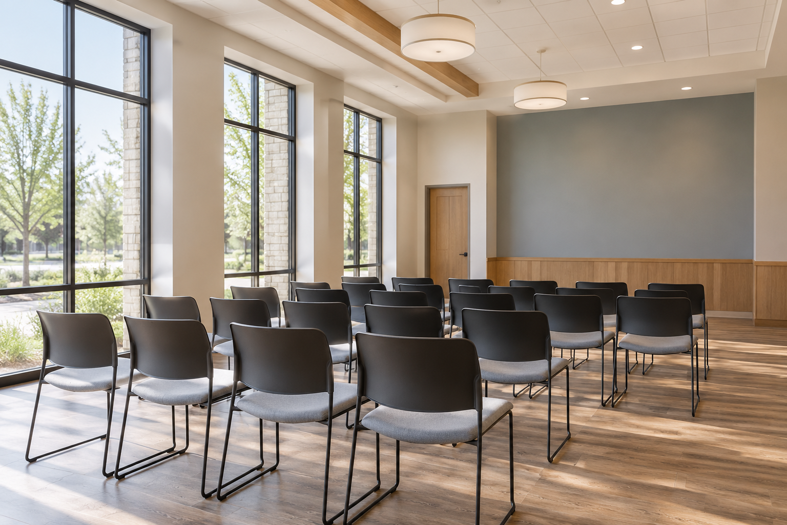 An empty community meeting room, illustrating a space to assess for particle filtration without depicting an air scrubber.