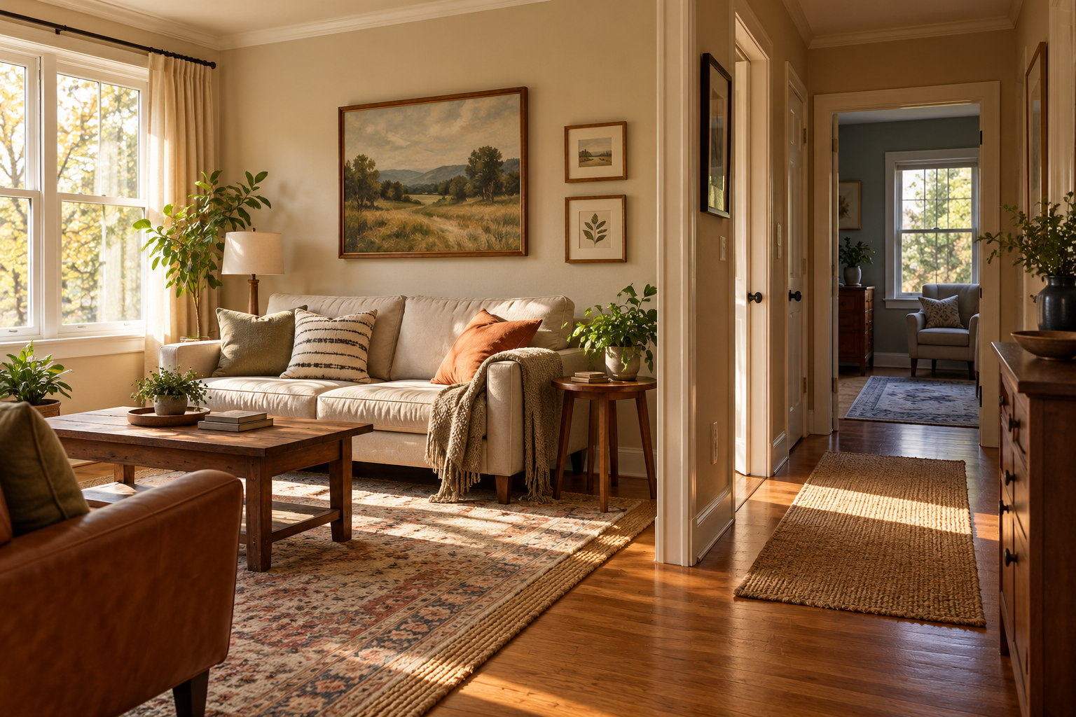 A living room opening onto a hallway and another room, illustrating the difference between local comfort and whole-home heat distribution.