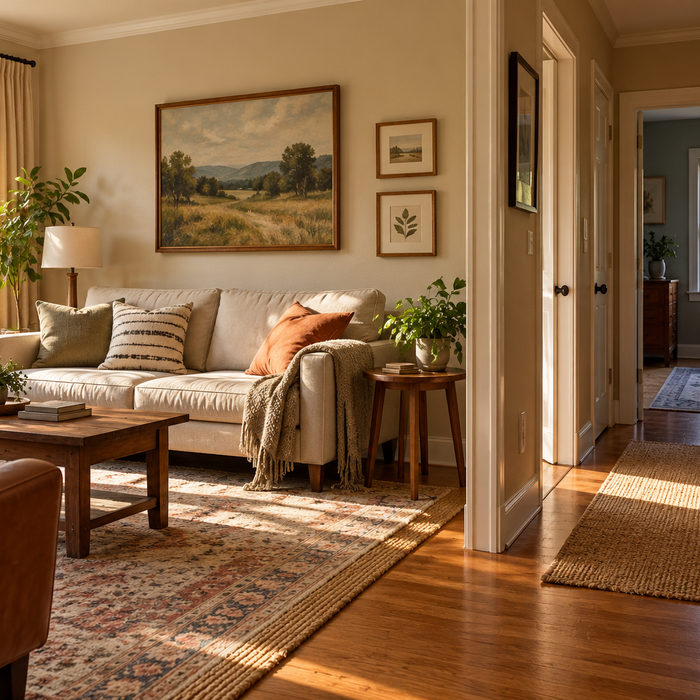 A living room opening onto a hallway and another room, illustrating the difference between local comfort and whole-home heat distribution.