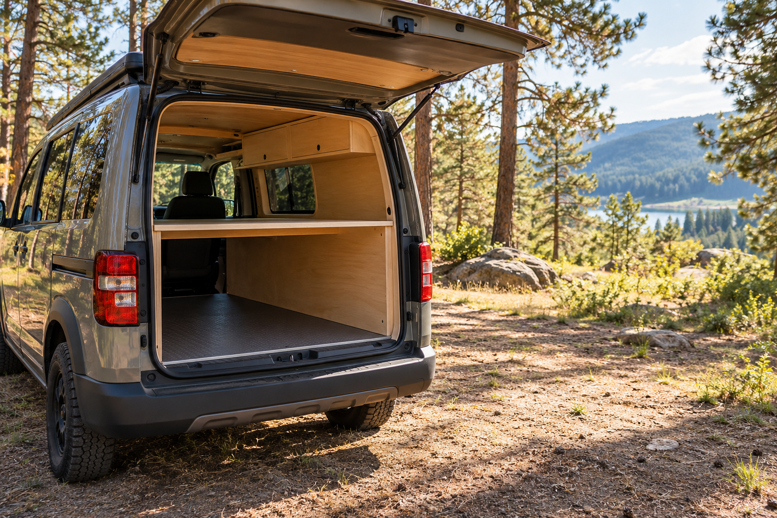 An open campervan cargo area beside a sunny clearing, illustrating storage and deployment planning without showing a solar panel.