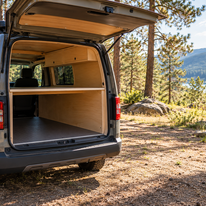 An open campervan cargo area beside a sunny clearing, illustrating storage and deployment planning without showing a solar panel.