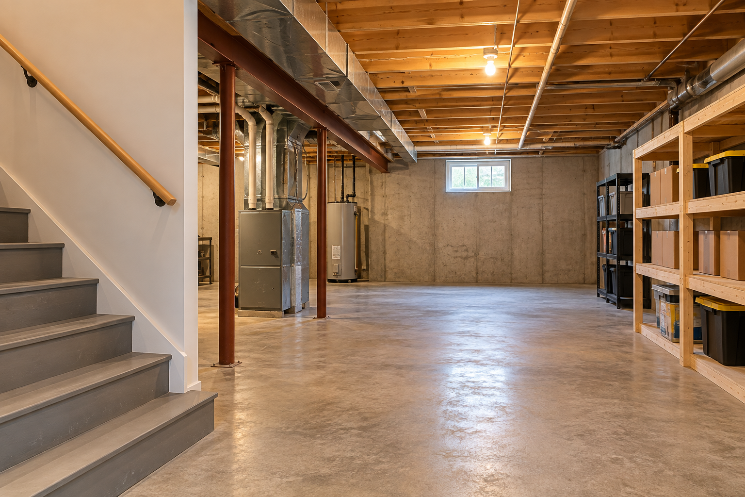 Ordinary unfinished basement with a clear floor and stairway; no storm shelter shown.