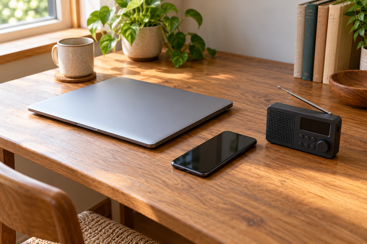 An unbranded laptop, phone and radio arranged on a desk for a backup-electronics inventory, with no shielding bag depicted.