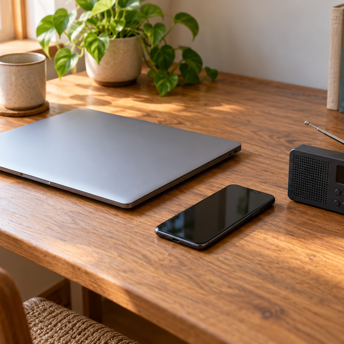 An unbranded laptop, phone and radio arranged on a desk for a backup-electronics inventory, with no shielding bag depicted.