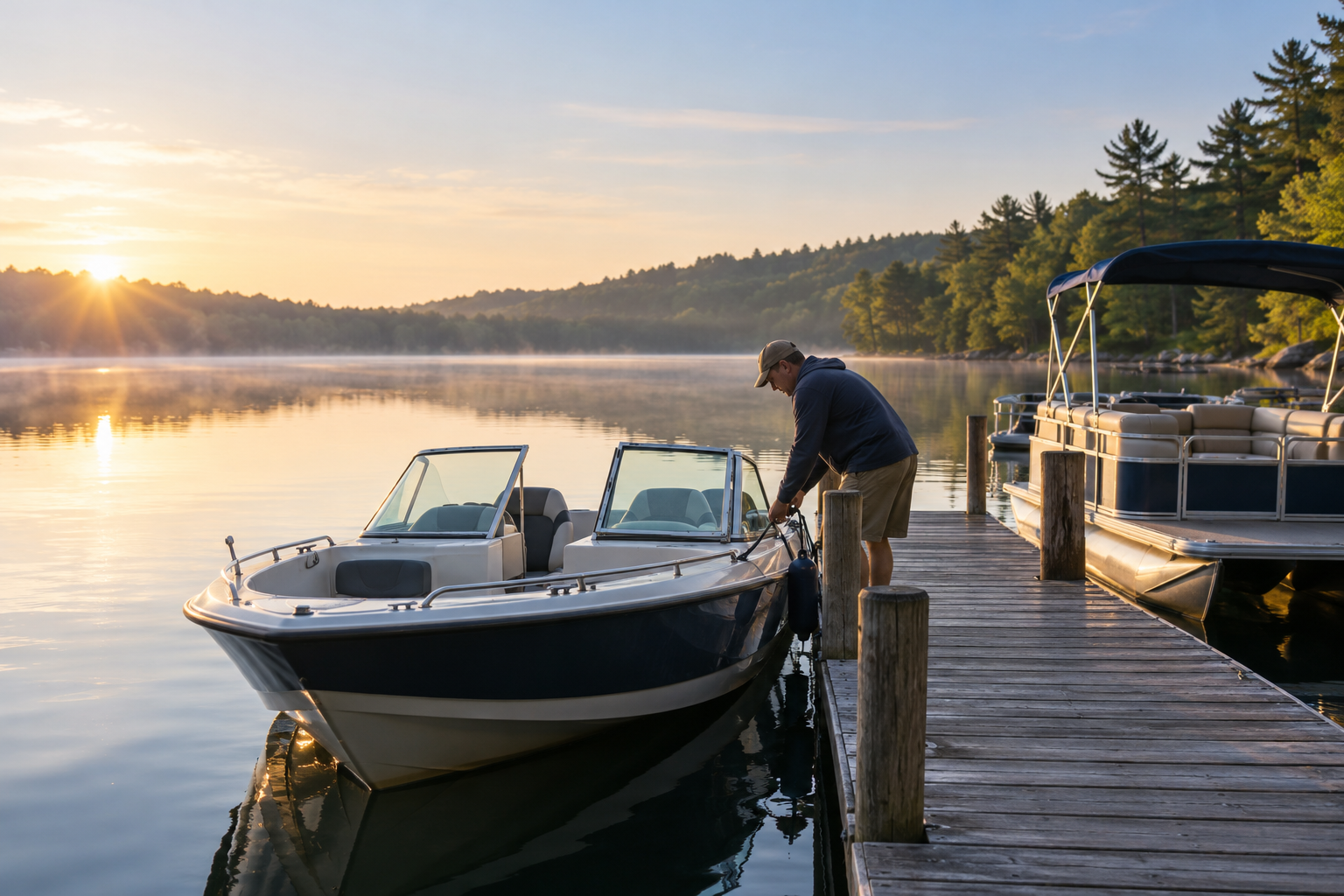 Small recreational boats beside a quiet lakeside dock in early morning.