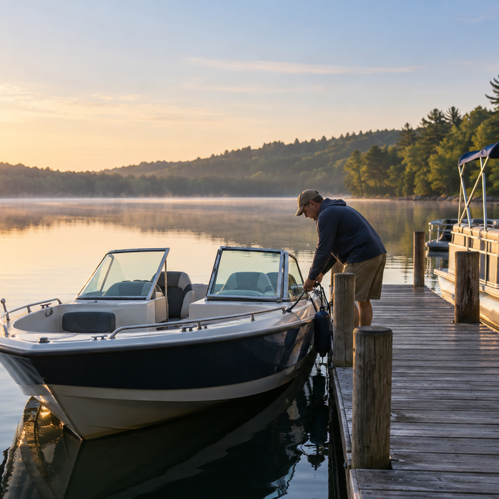 Small recreational boats beside a quiet lakeside dock in early morning.