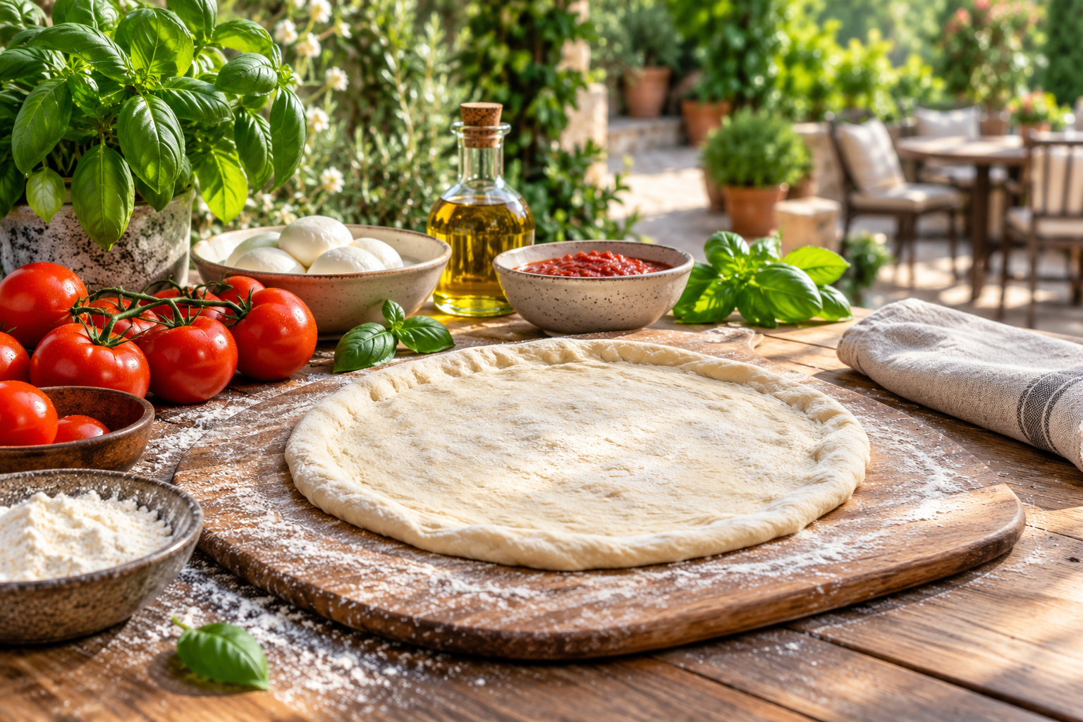 Pizza dough, tomatoes, basil, and flour on an outdoor preparation table.