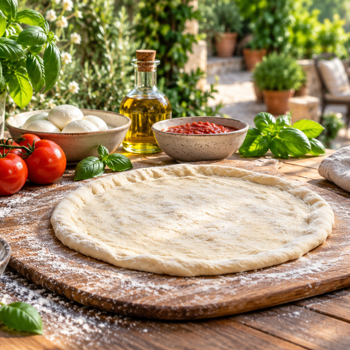 Pizza dough, tomatoes, basil, and flour on an outdoor preparation table.