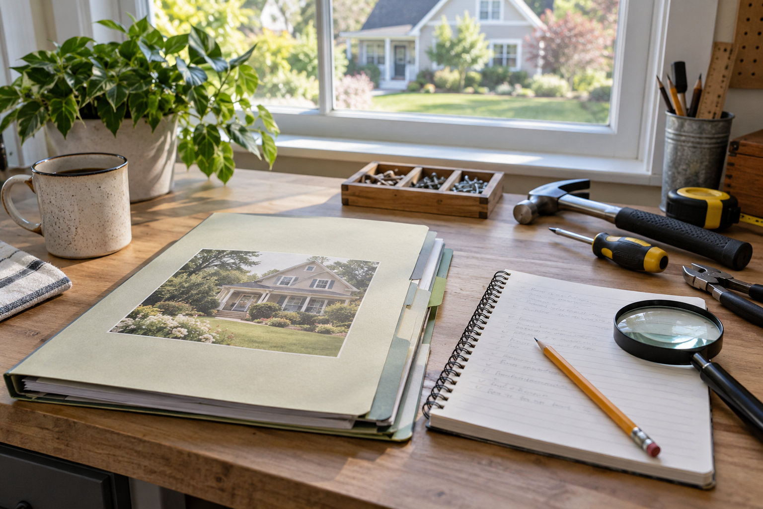 Home maintenance folder and notebook beside generic hand tools and a magnifying glass