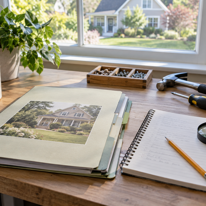 Home maintenance folder and notebook beside generic hand tools and a magnifying glass