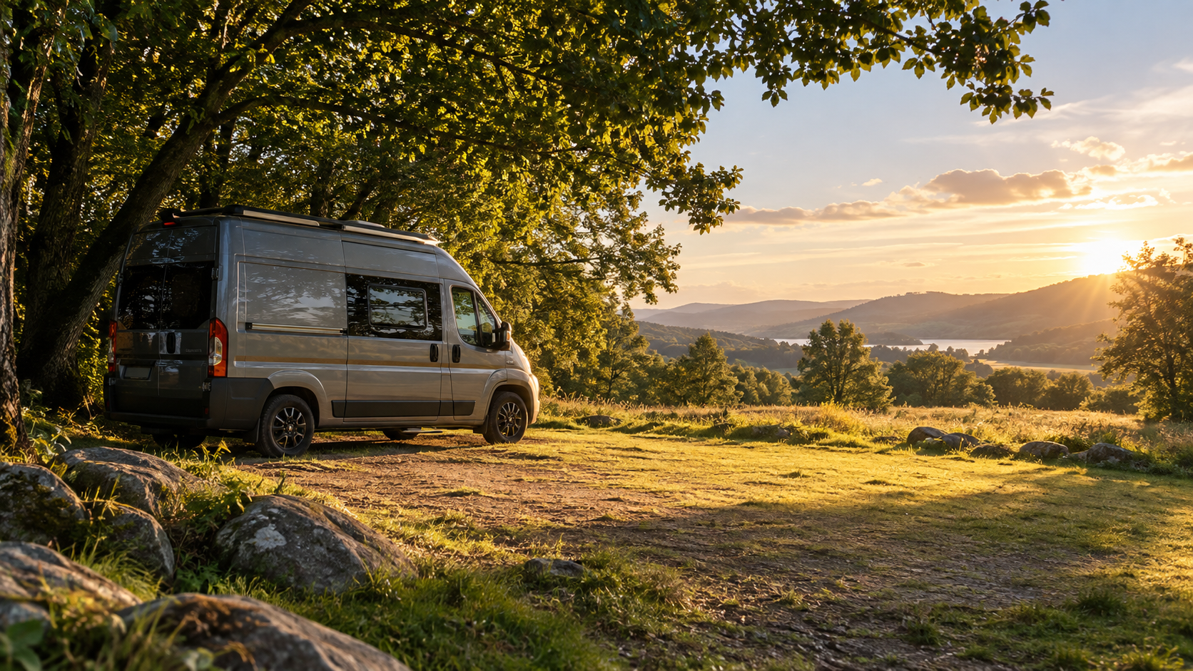 Illustrative campervan parked beside a sunny open campsite; no solar panel or charging equipment shown