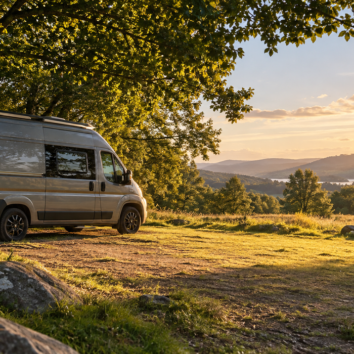 Illustrative campervan parked beside a sunny open campsite; no solar panel or charging equipment shown