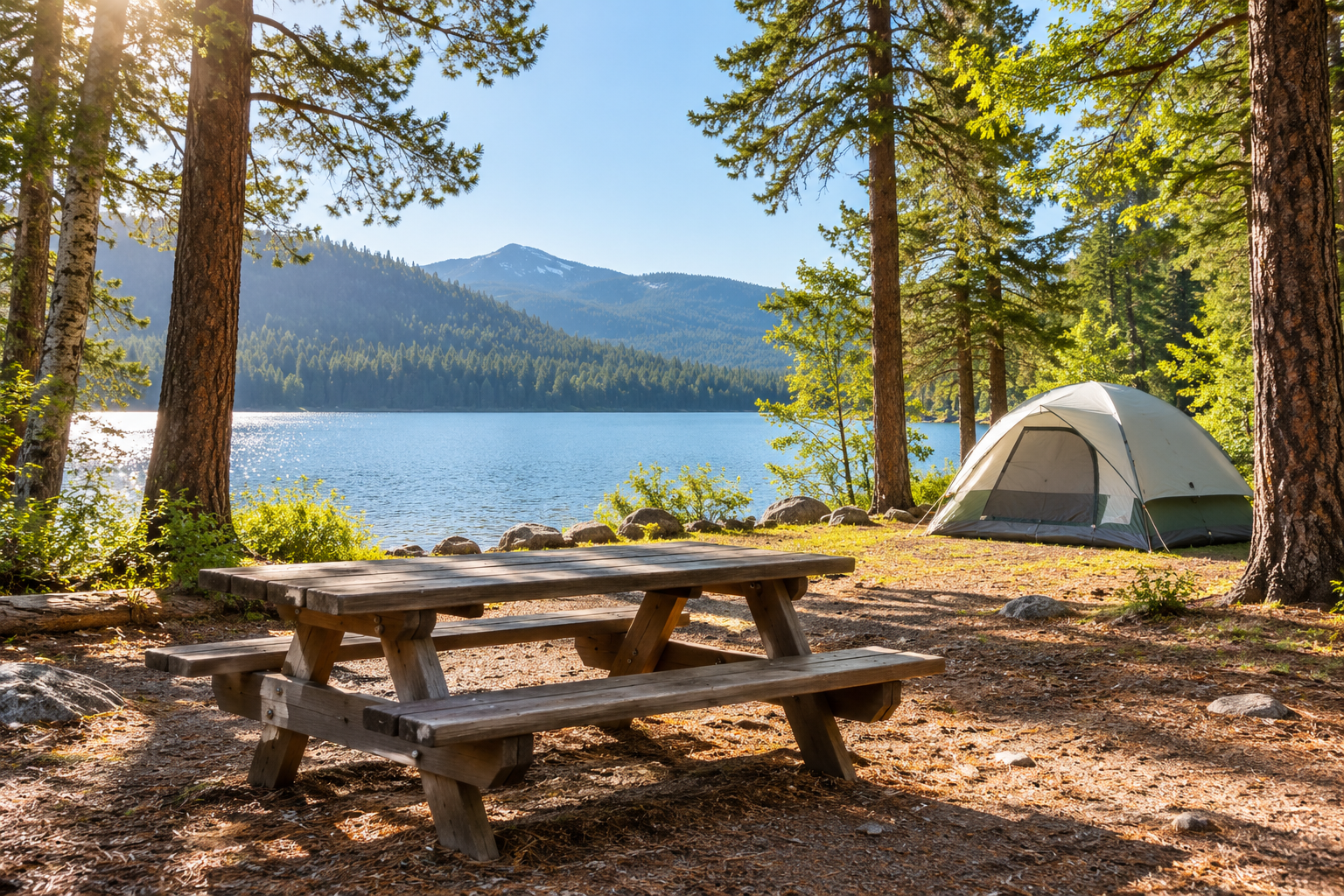 Sunny lakeside campsite with a tent and empty picnic table; no solar equipment shown.