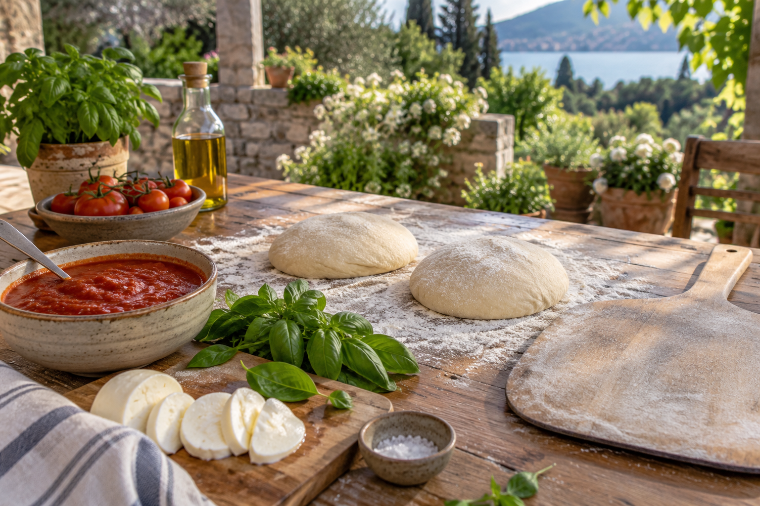 Pizza dough, tomato sauce, basil, mozzarella, and a wooden peel on an outdoor preparation table