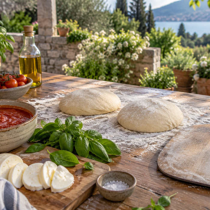 Pizza dough, tomato sauce, basil, mozzarella, and a wooden peel on an outdoor preparation table