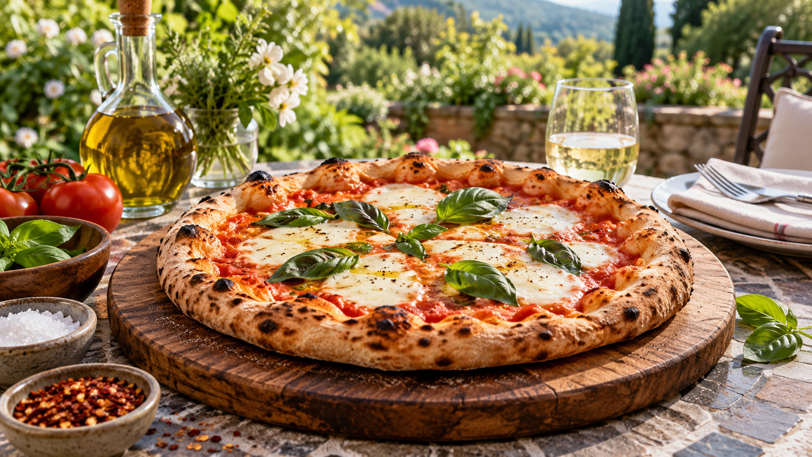 Freshly baked pizza on a serving board on a garden patio
