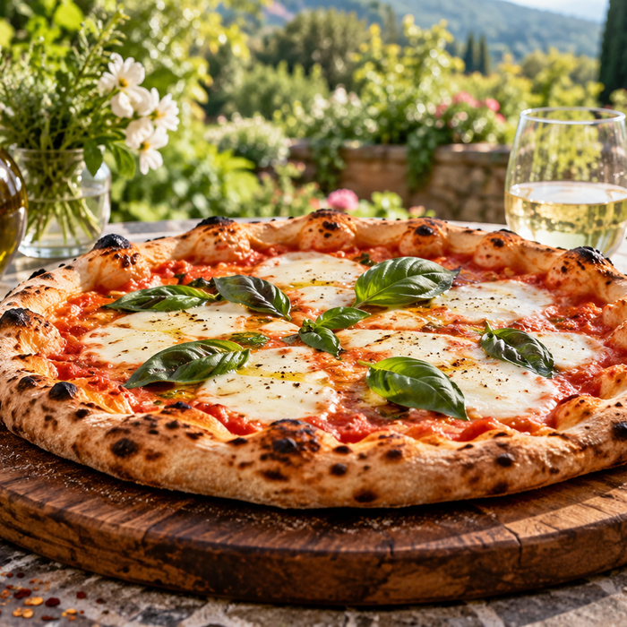 Freshly baked pizza on a serving board on a garden patio
