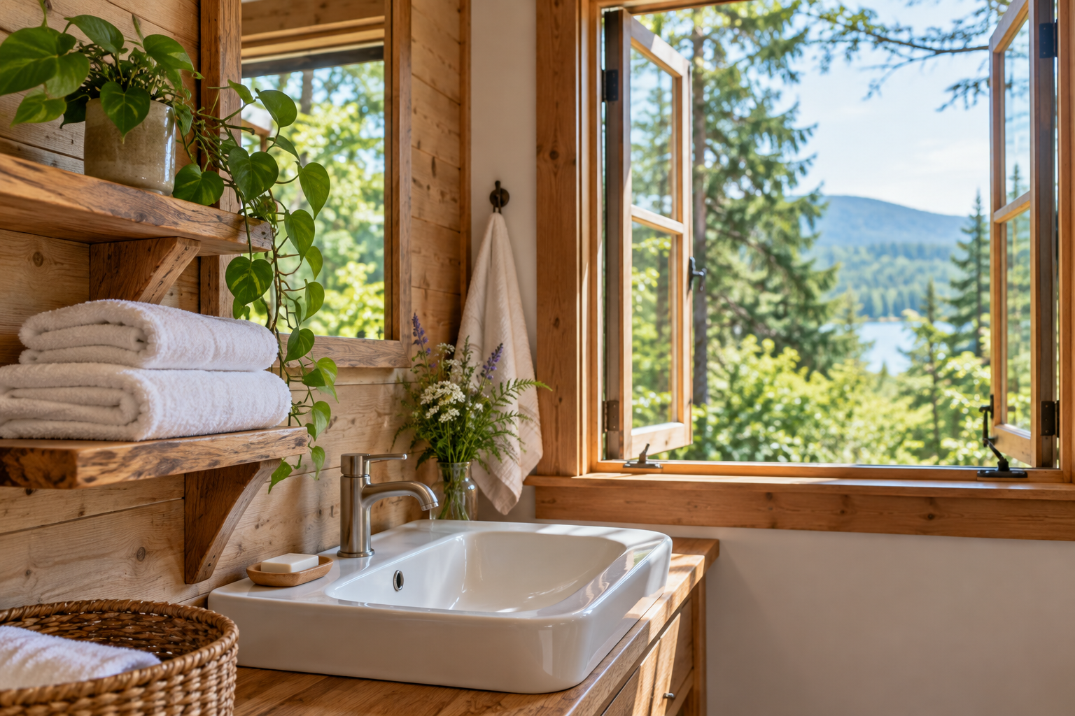 Freshly organized cabin washroom with towels and an open forest-facing window; no toilet shown.