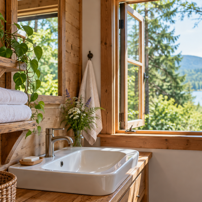 Freshly organized cabin washroom with towels and an open forest-facing window; no toilet shown.