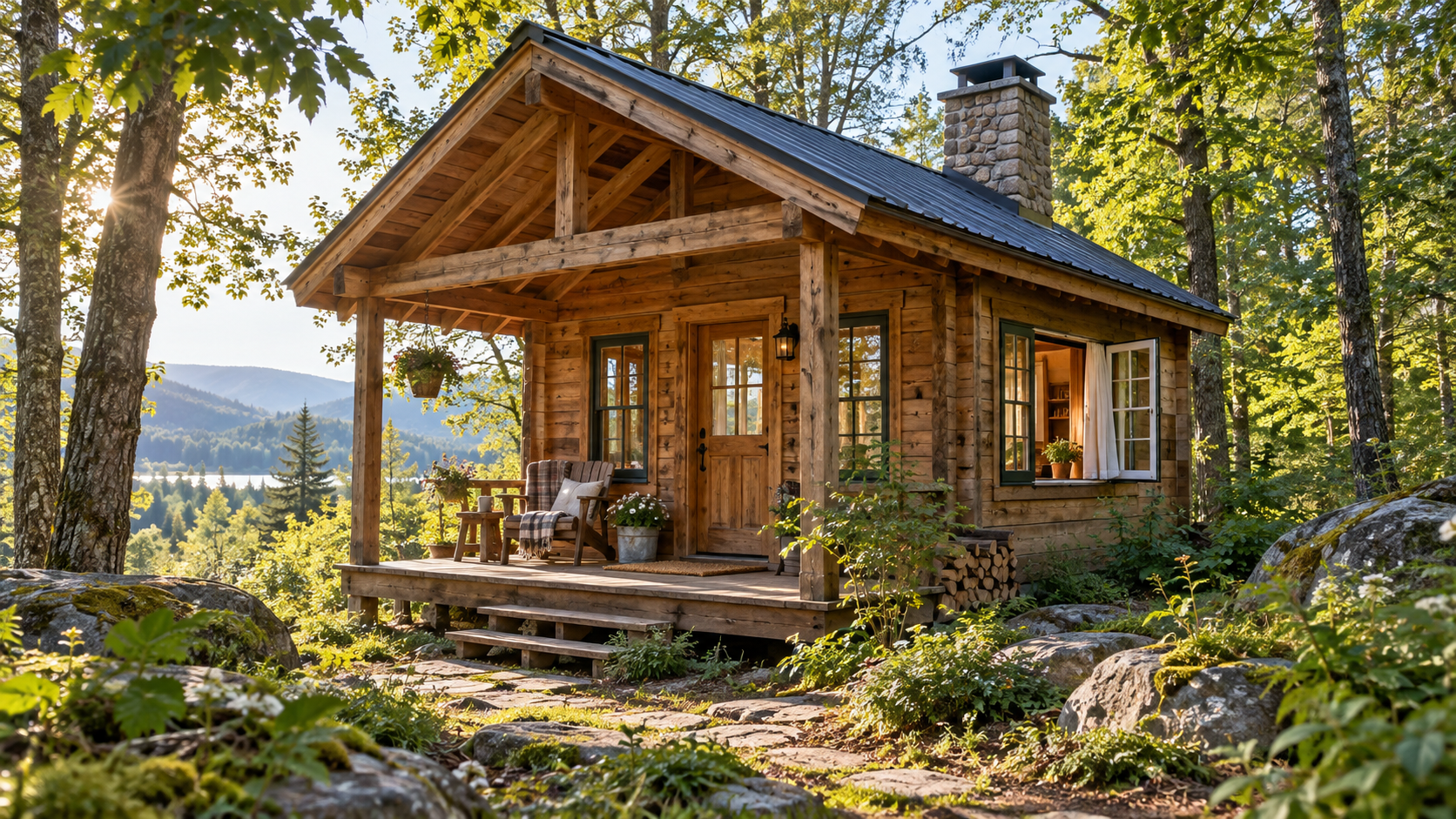 Woodland cabin with an open window in morning light