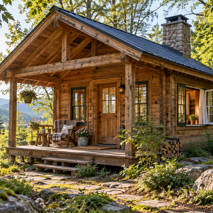 Woodland cabin with an open window in morning light