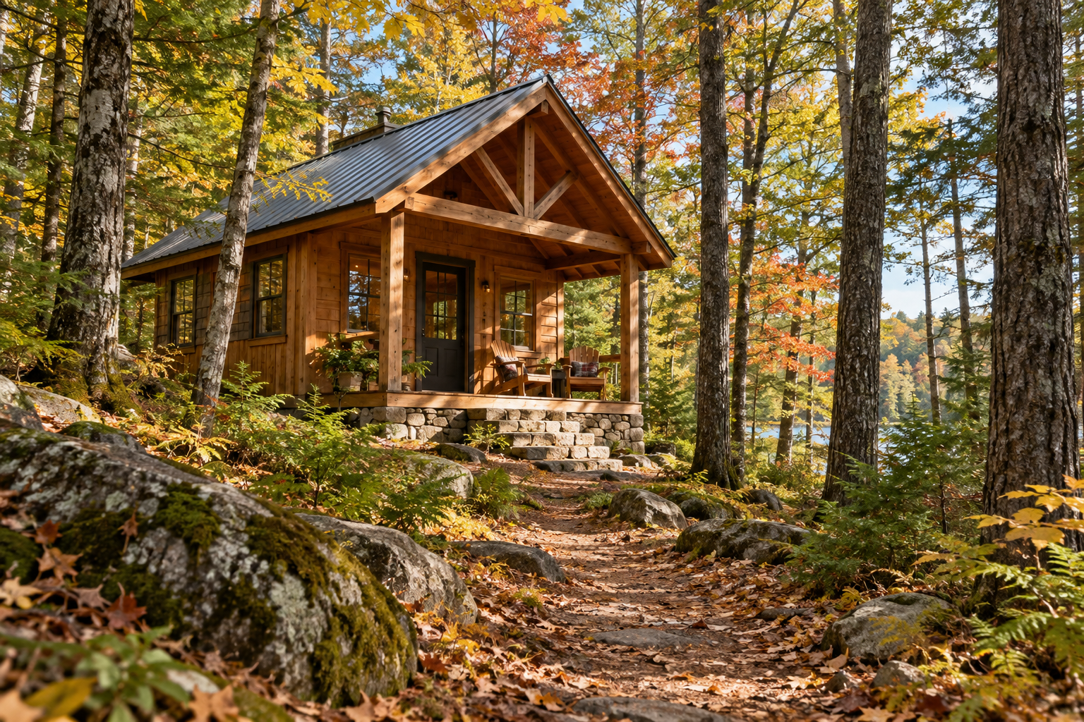Secluded timber cabin with a clear path and porch in an autumn forest; no toilet or sanitation equipment pictured.