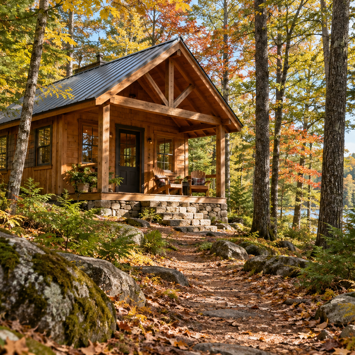Secluded timber cabin with a clear path and porch in an autumn forest; no toilet or sanitation equipment pictured.