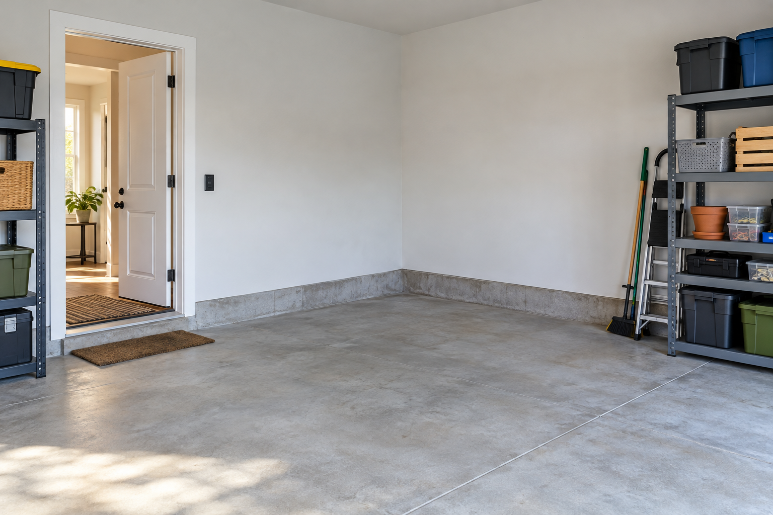 Clear residential garage corner with an unobstructed route from the house entry.