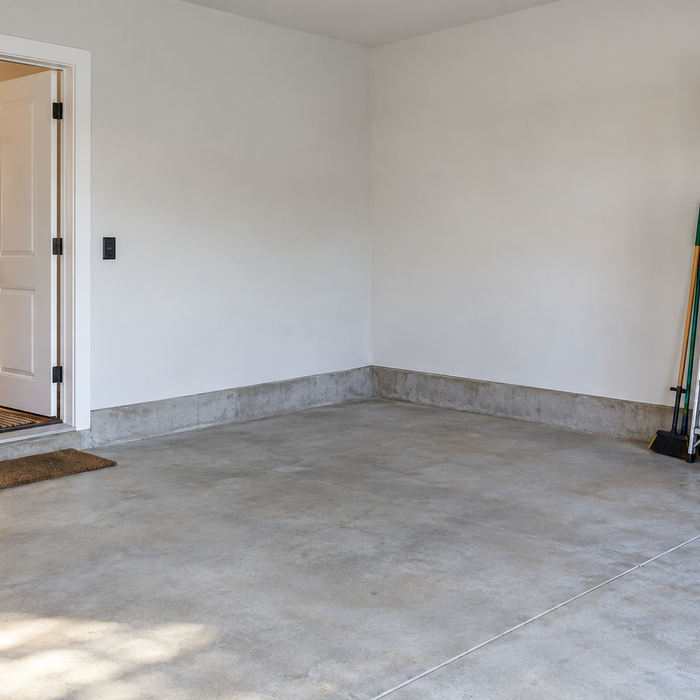 Clear residential garage corner with an unobstructed route from the house entry.